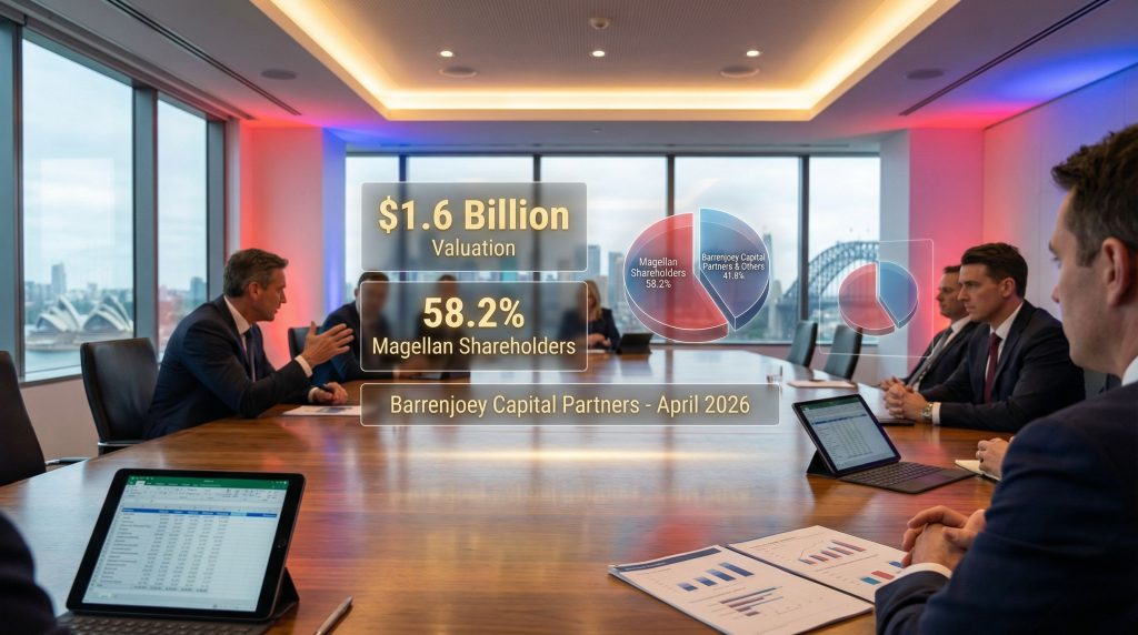 Business meeting discussing Magellan-Barrenjoey merger details.