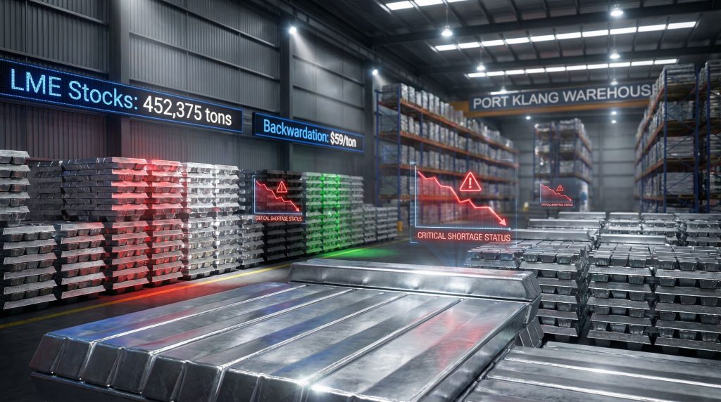 LME aluminum stockpile shortages visualized in warehouse.