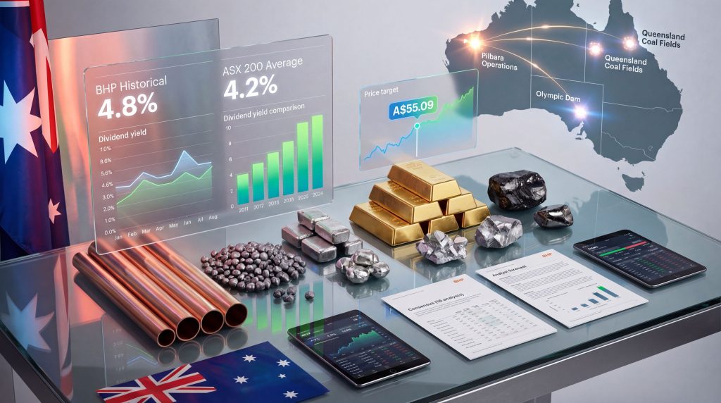 BHP shares analysis with graphs, commodities, map.
