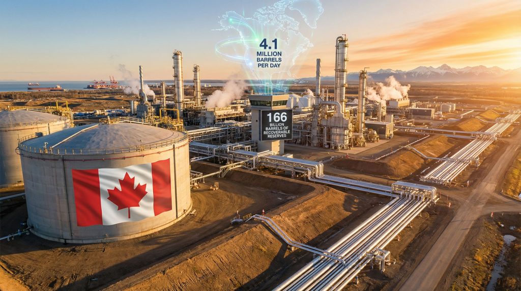 Canada as the market's most reliable oil supplier featured in oil refinery with storage tanks.