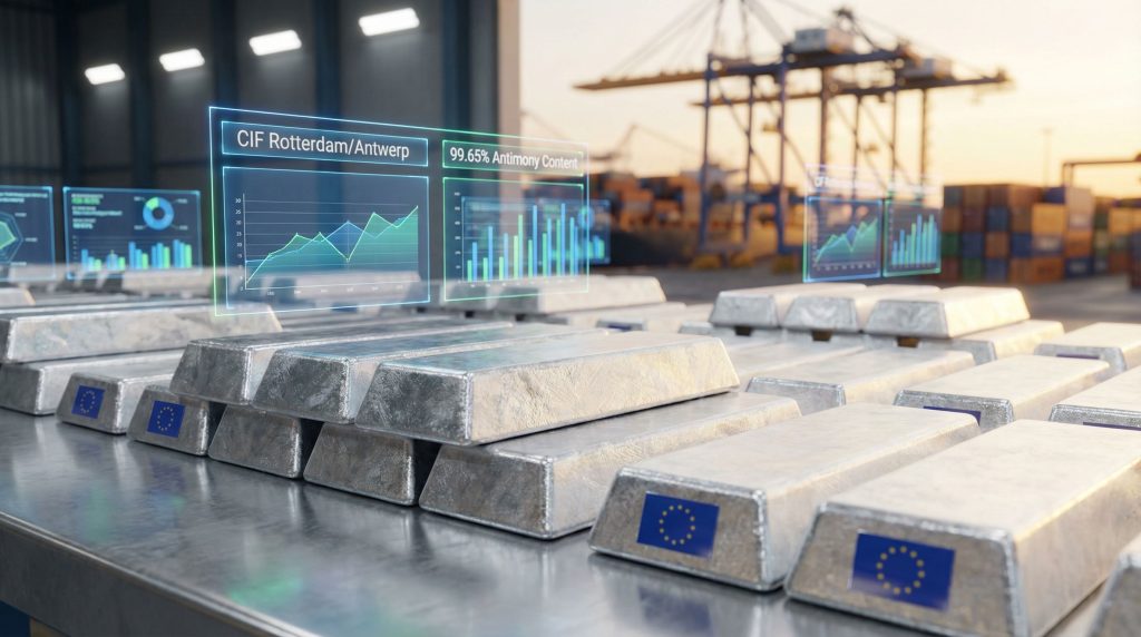 Antimony metal ingots with price assessments.