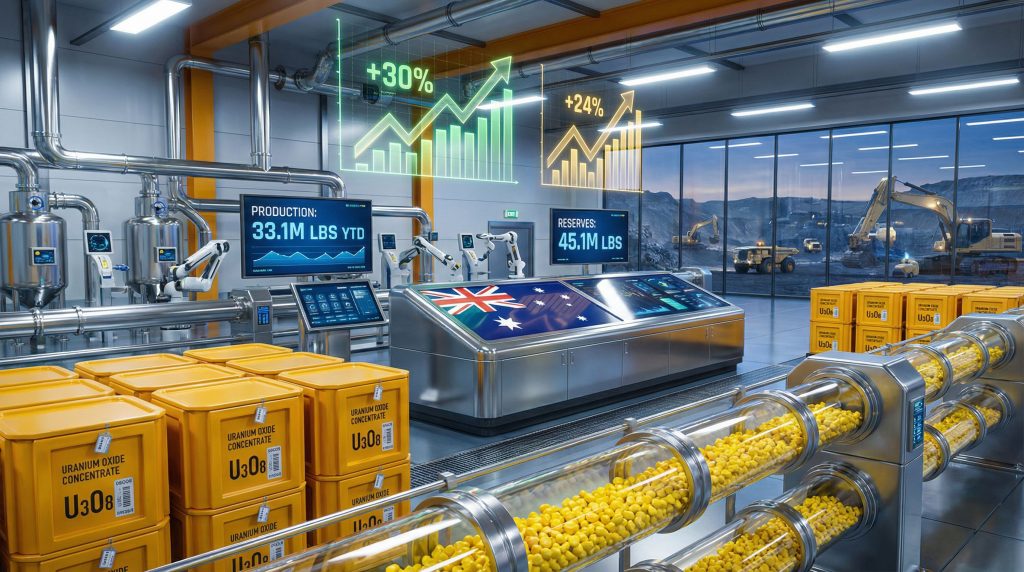 Futuristic uranium facility with production data.