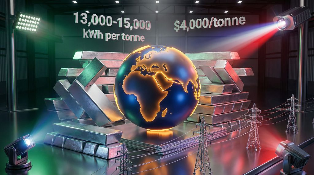 Globe surrounded by aluminium bars and electricity symbols.
