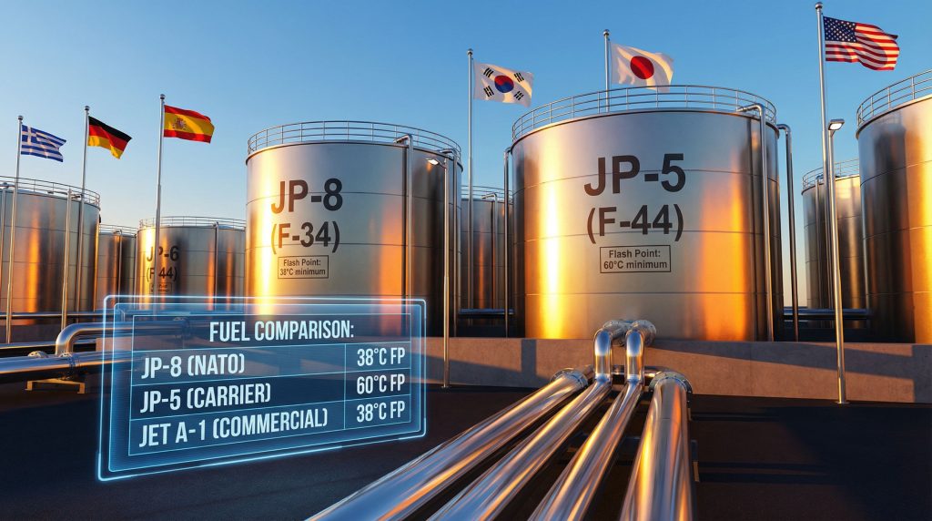 Military-grade jet fuel tanks with flags.