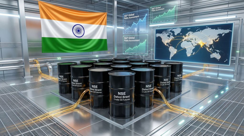 Indian flag, NSE Dated Brent Crude Oil barrels.