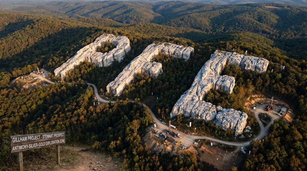 Pantera Minerals Ltd-PFE-Massive rock formations spelling "SUE" in forest.