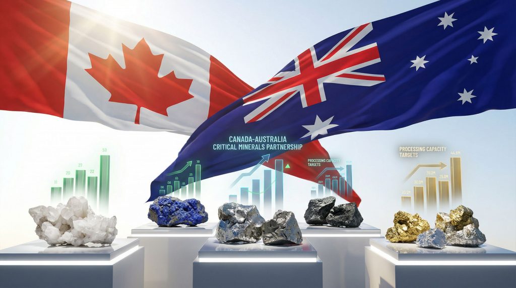Canada and Australia flags with minerals.