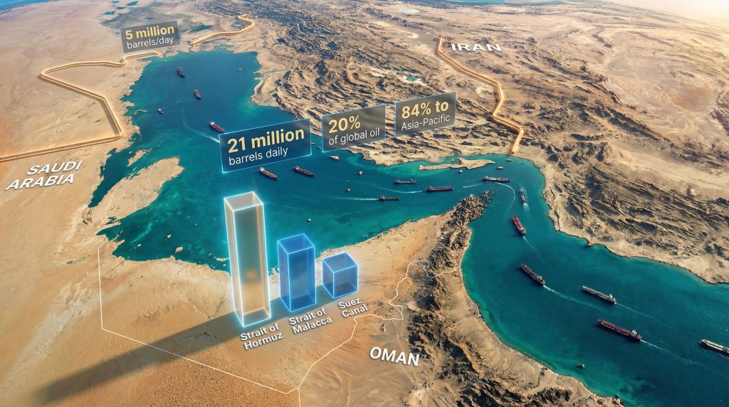 Strait of Hormuz oil disruption visualization.