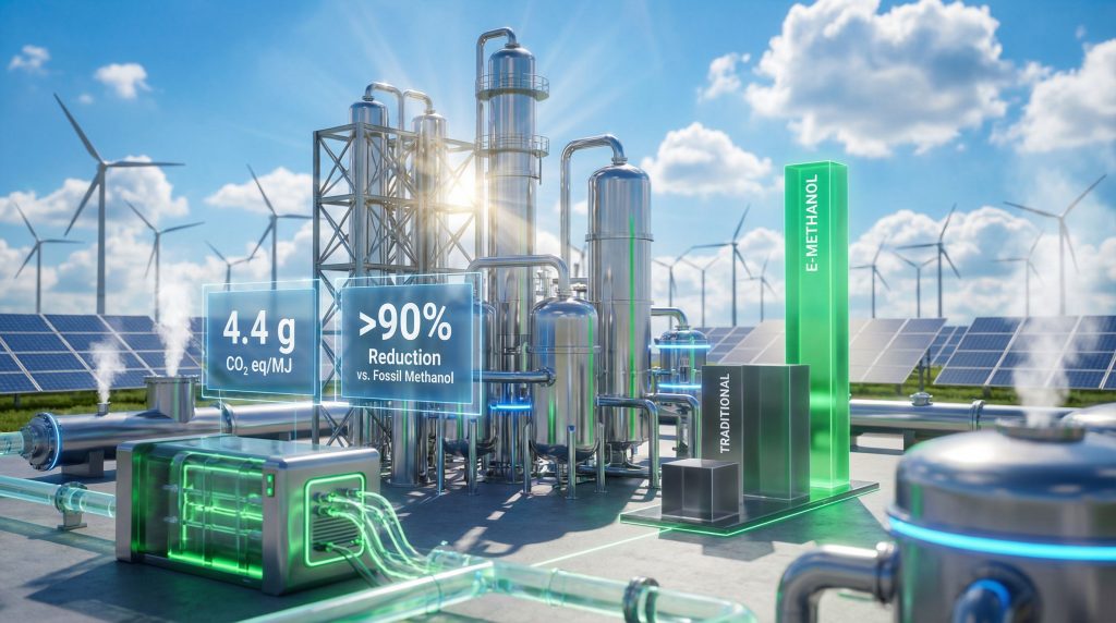 E-methanol plant environmental assessment illustration.