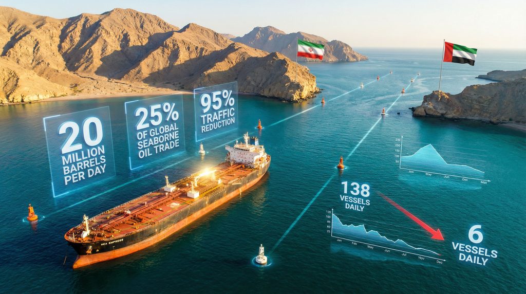 Oil tanker and statistics in Strait.