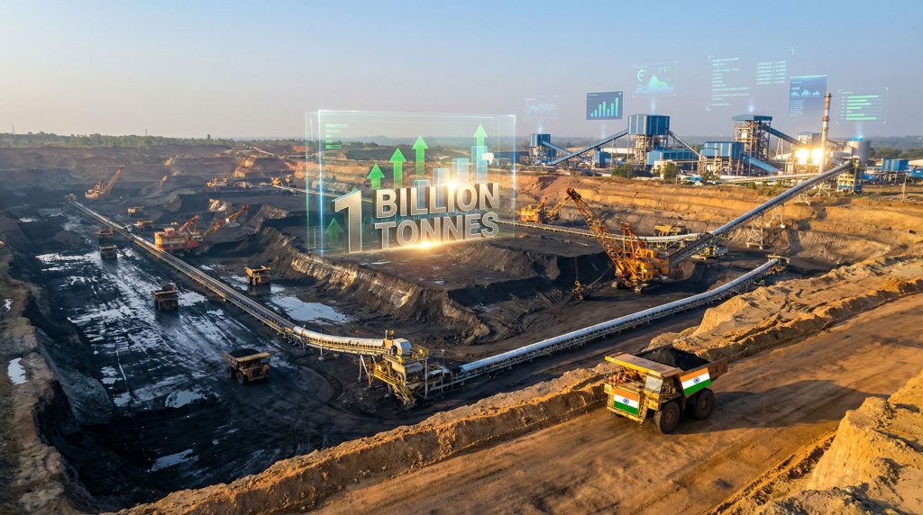 Open coal mine celebrating milestone achievement.