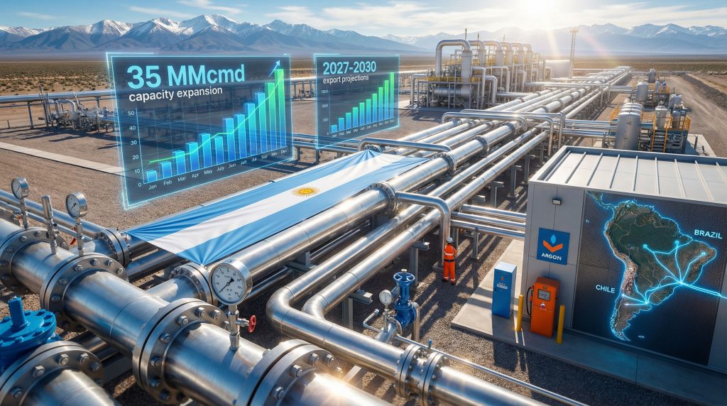 Vaca Muerta gas transportation system with projections.