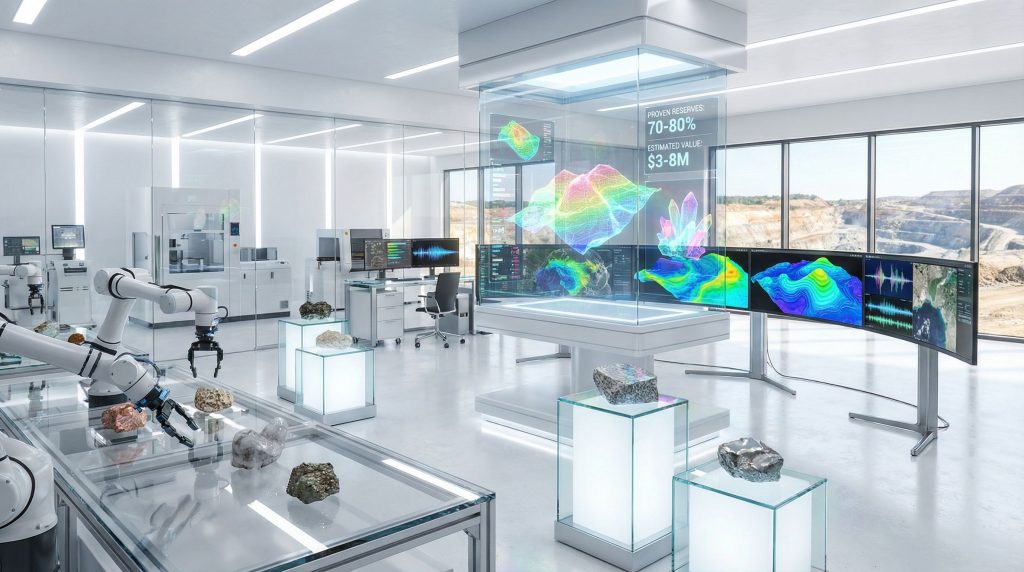 Futuristic lab showcasing AI in mineral exploration.