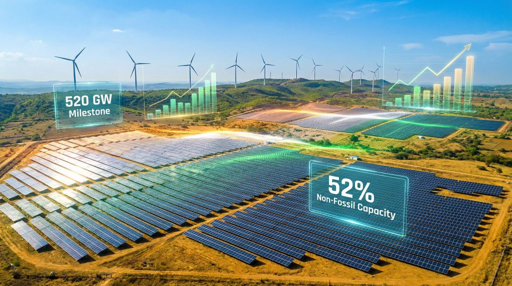 India's renewable energy expansion with solar and wind.