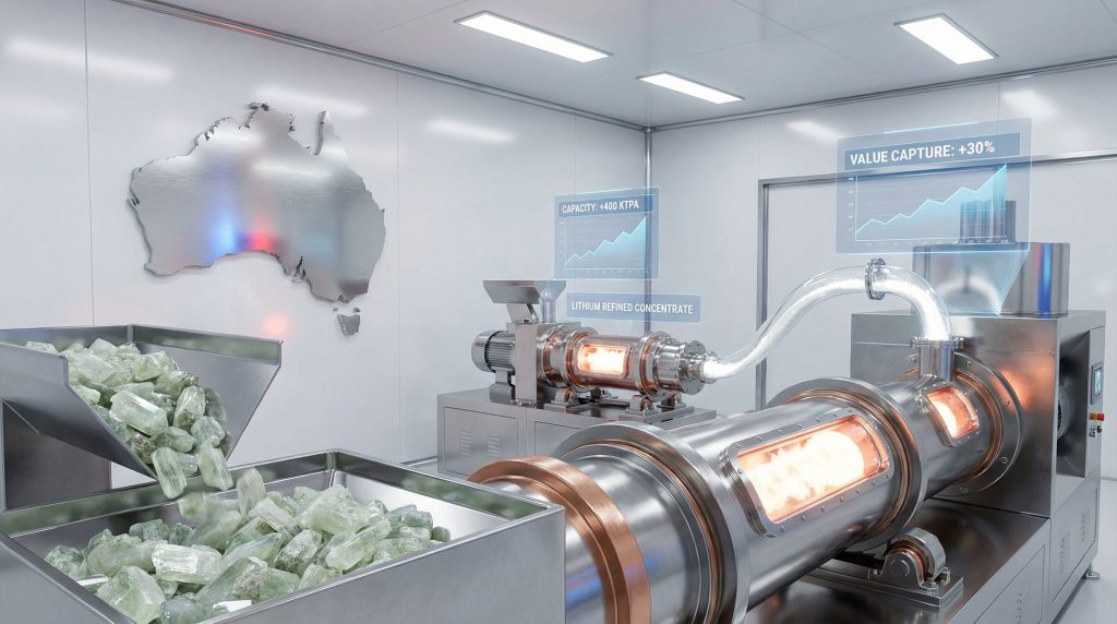 Lithium processing facility with futuristic equipment.