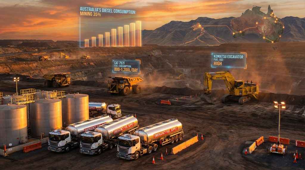 Mining trucks and equipment with fuel supply.
