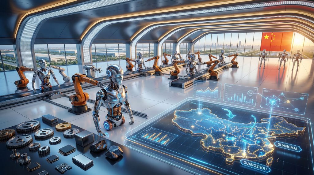 Futuristic robotics facility illustrating China's supply chain.