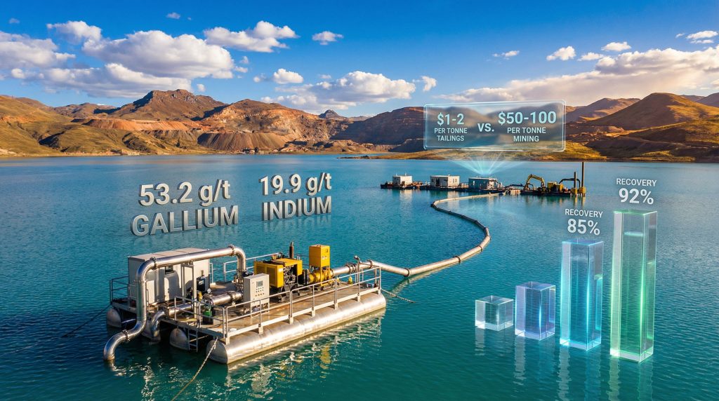 Quiulacocha tailings reprocessing barge on lake.