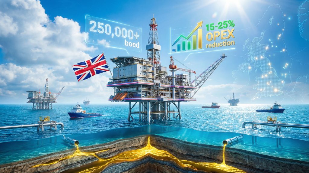 North Sea oil platform and flag.