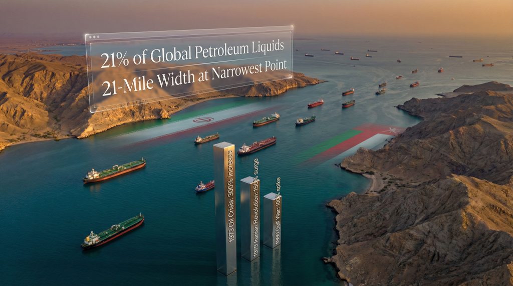 Numerous ships navigating the Strait of Hormuz.