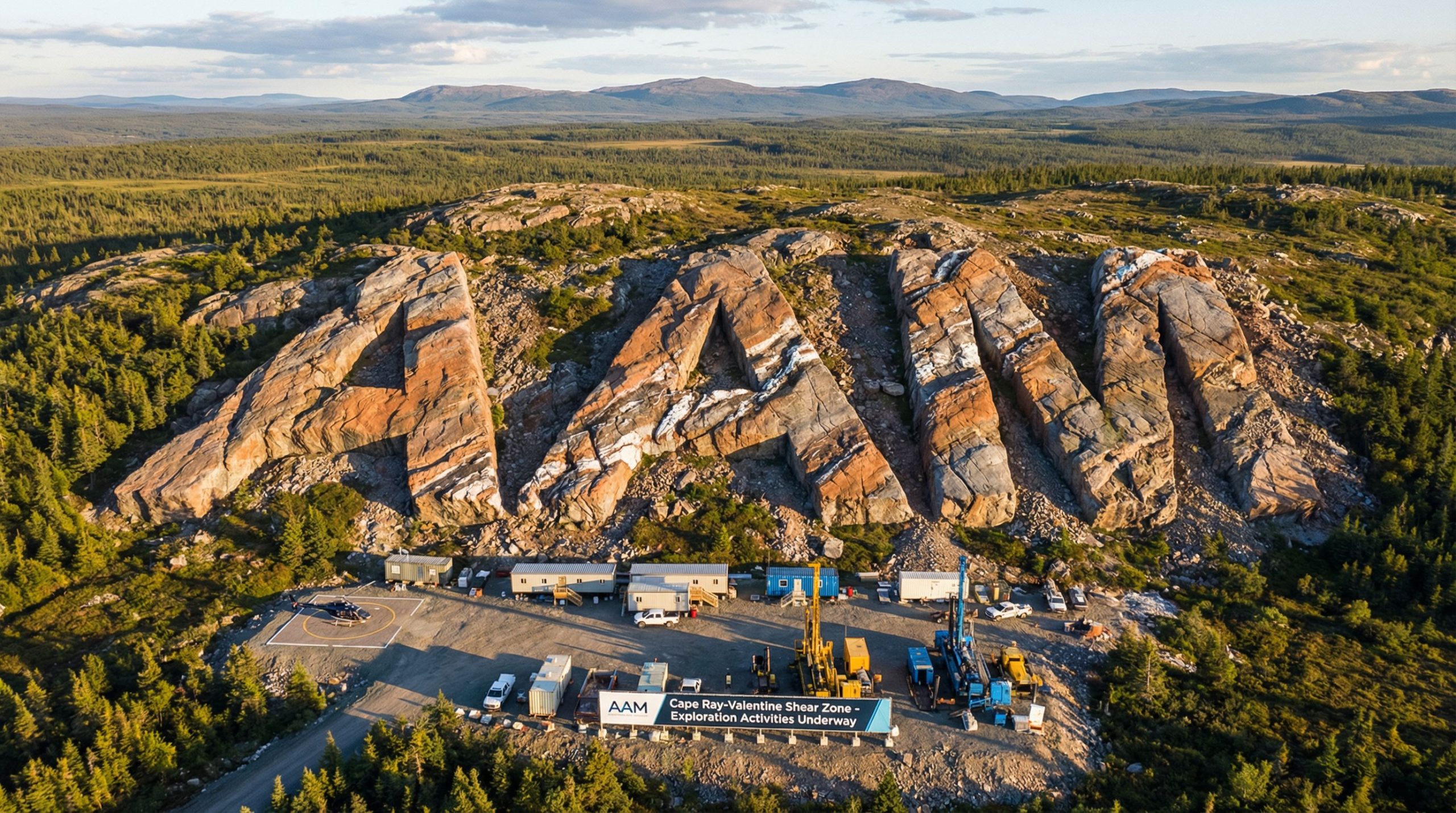 Aumega Metals Ltd-AAM-AAM letters carved into rocky landscape.