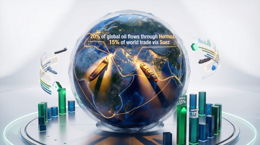 Globe highlighting Hormuz and Suez trade routes.