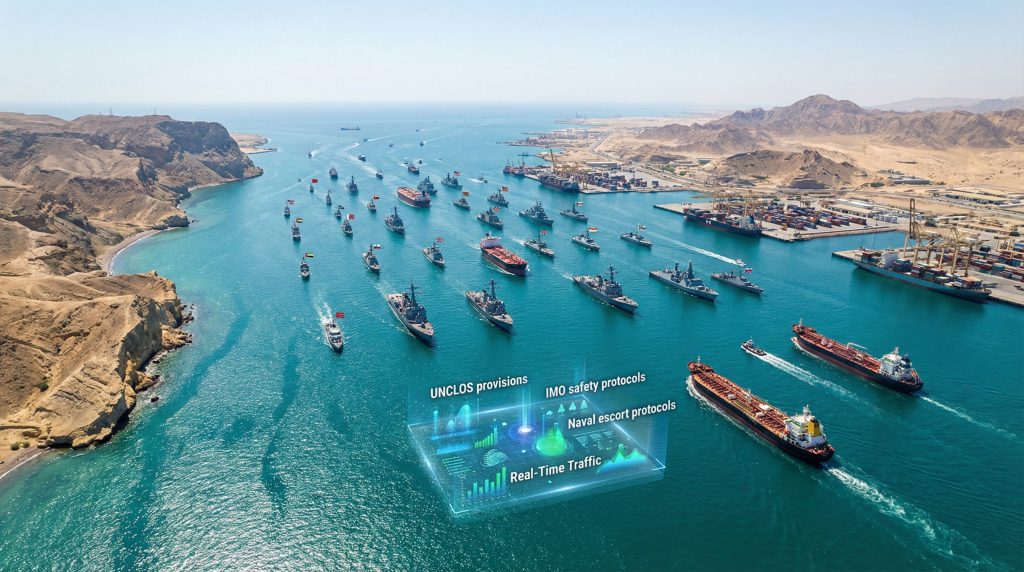 Ships navigate the Strait of Hormuz.