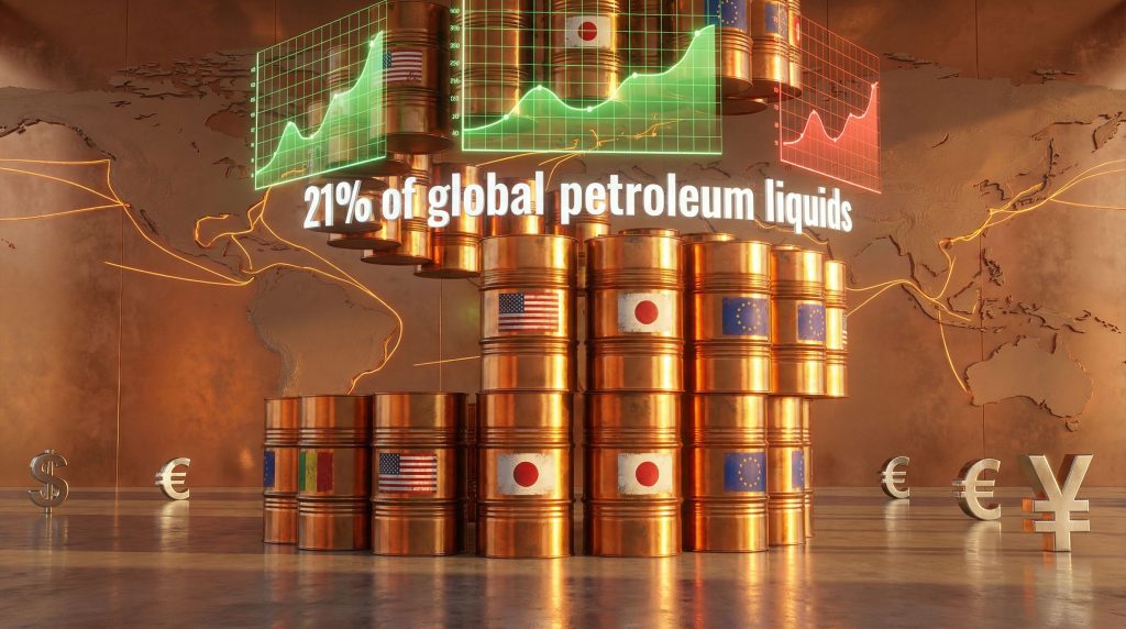 Oil barrels stacked with global supply impact.