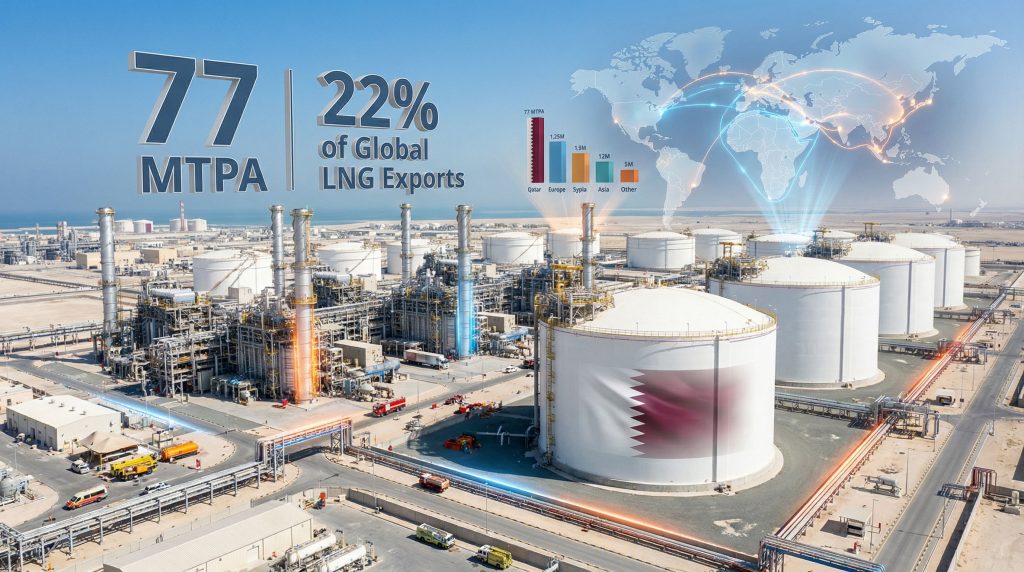 QatarEnergy facility illustrating LNG export statistics.