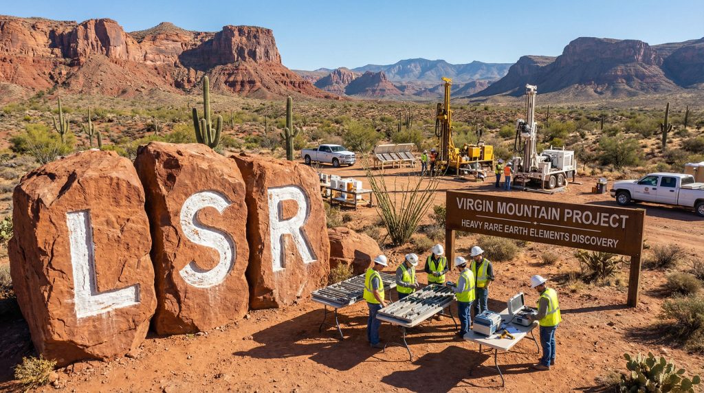 Lodestar Minerals Ltd-LSR-Virgin Mountain Project landscape with workers.