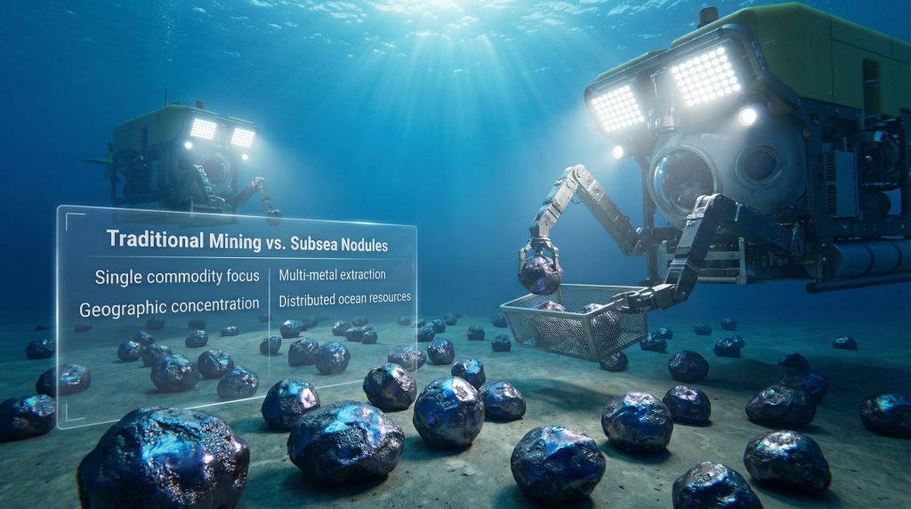 Robots harvesting minerals in deep sea.
