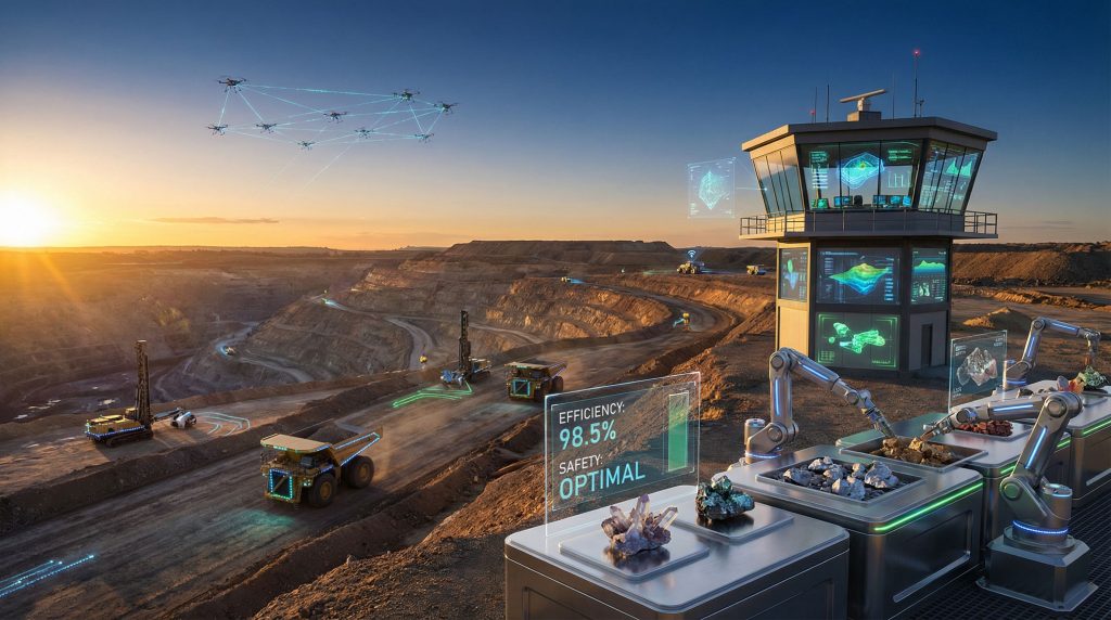 Futuristic AI-driven automation in mining operations.