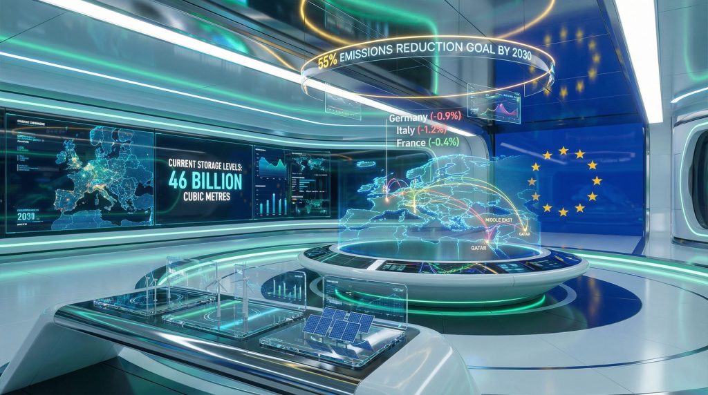 Futuristic EU energy transition crisis visualization.
