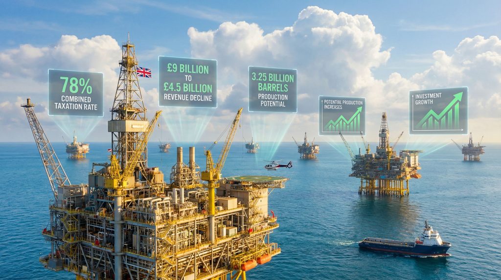 North Sea oil platforms with growth projections.
