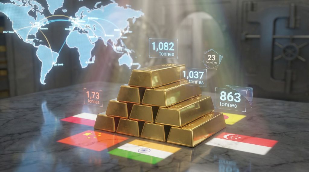 Gold bars stacked with global economic data.