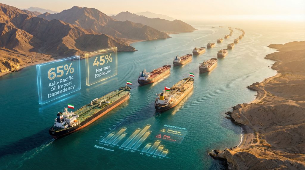 Tankers navigating narrow Strait of Hormuz.