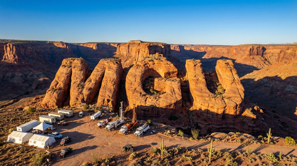 Magnum Mining and Exploration Ltd-MGU-Monument Valley rock formation environment with trucks.