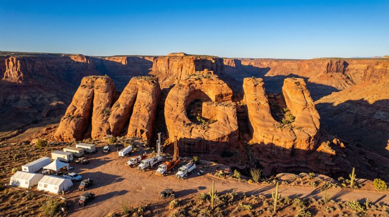 Magnum Mining and Exploration Ltd-MGU-Monument Valley rock formation environment with trucks.