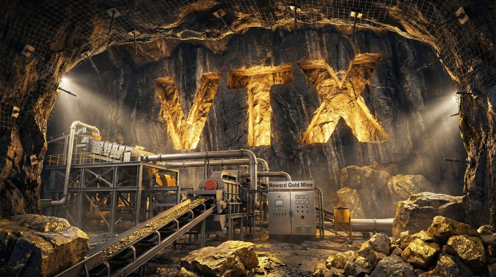 Vertex Minerals Ltd-VTX-VTX letters glowing in gold mine.