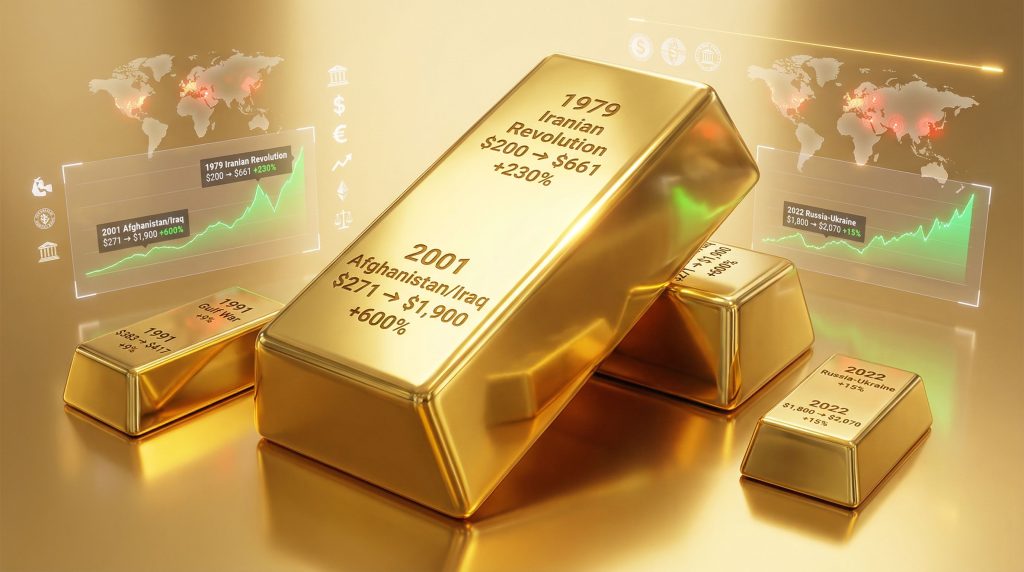 Gold prices surge during conflicts globally.