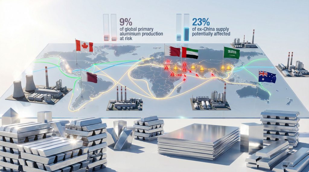 Global map showing Middle East aluminium supply disruption.