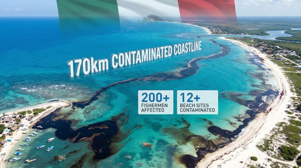 Oil spill causes coastline contamination disaster.