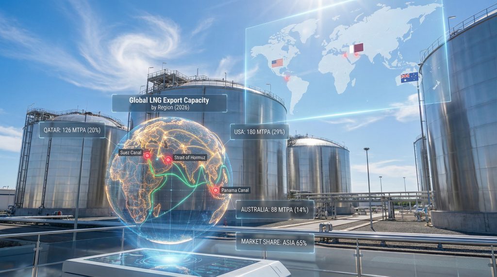 LNG infrastructure with geopolitical impact visualization.