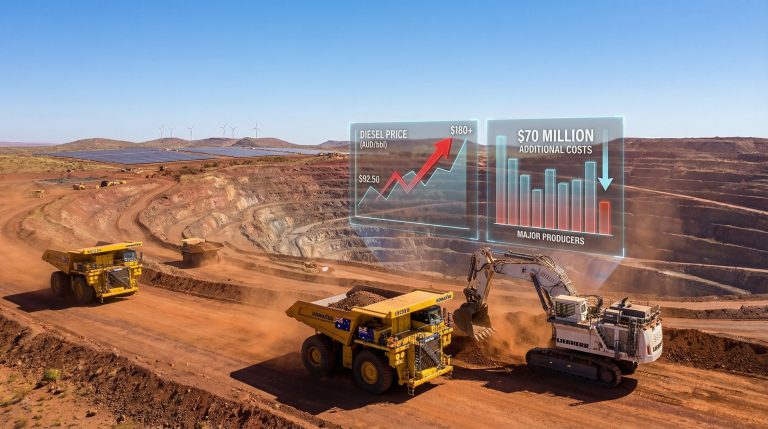 Mining trucks and machinery highlighting diesel cost crisis.