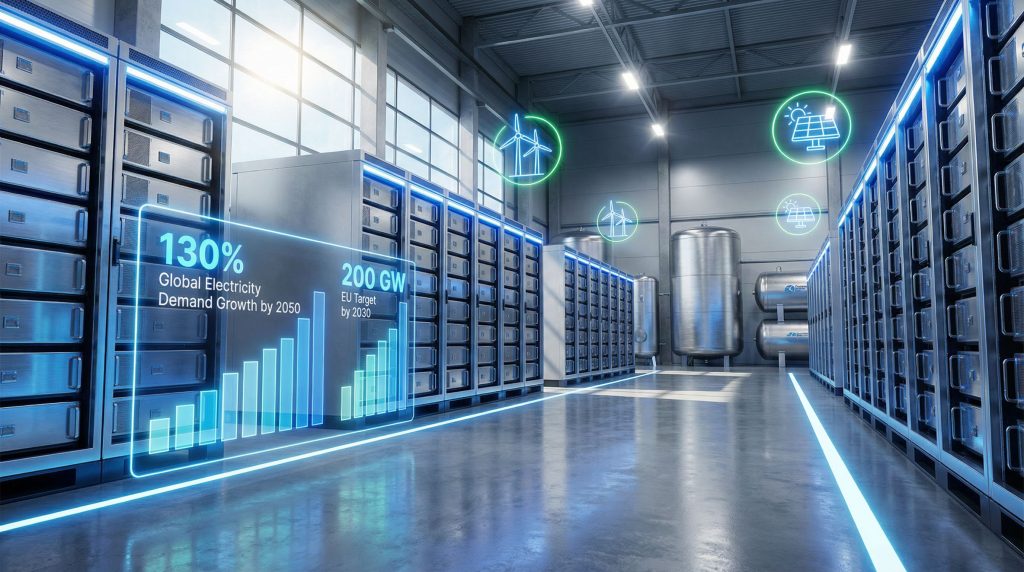 Modern energy storage facility with projections.