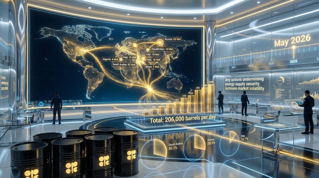 Futuristic data room monitors global oil production.