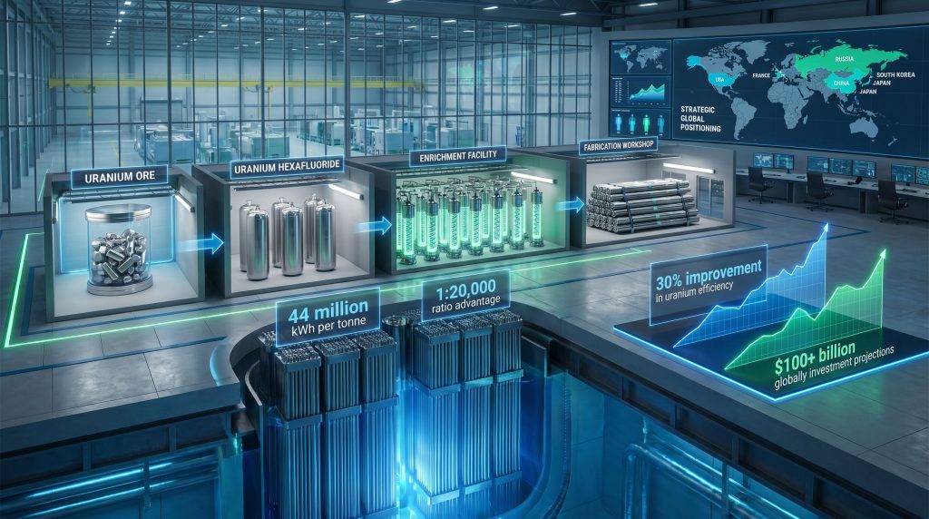 Nuclear fuel cycle stages and global impact.