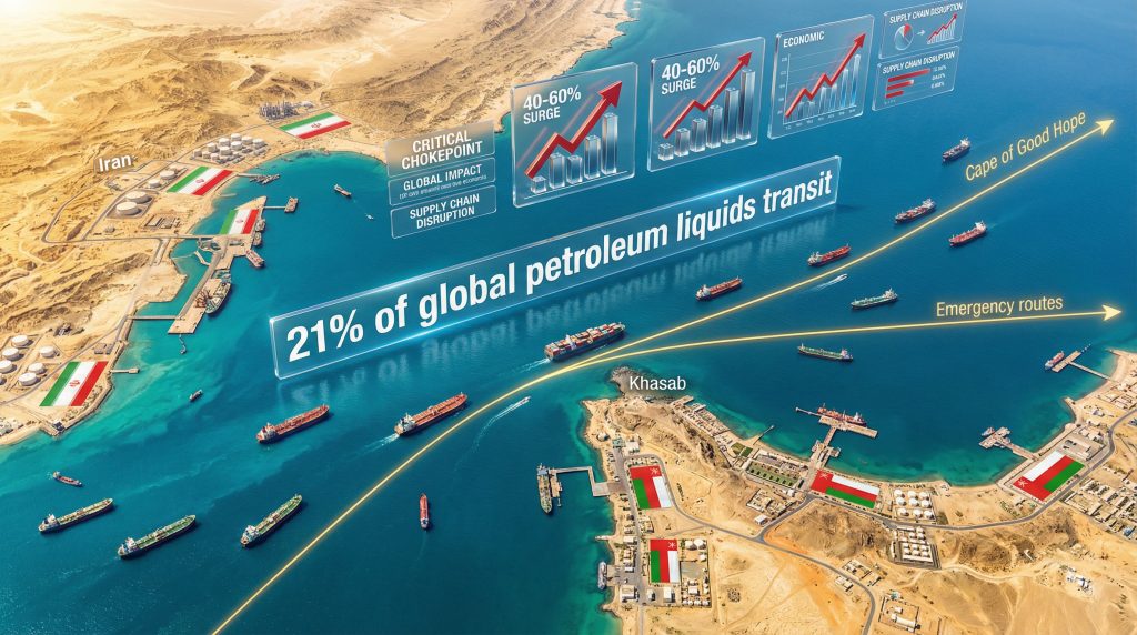 Strait of Hormuz disruption impacts global oil transit.