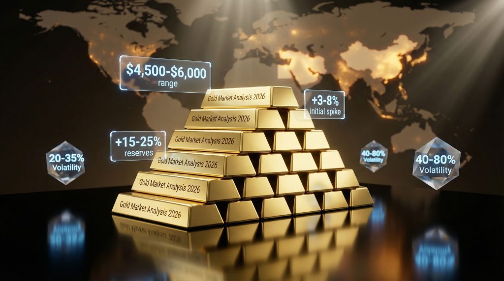 Gold bars highlighting geopolitical volatility impact.