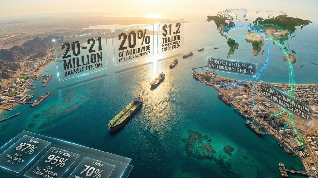Strait of Hormuz oil supply impact illustration.